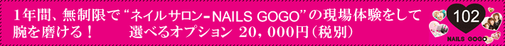 １年間、無制限で“ネイルサロン-NAILS GOGO”の現場体験をして腕を磨ける！選べるオプション２０，０００円（税別）